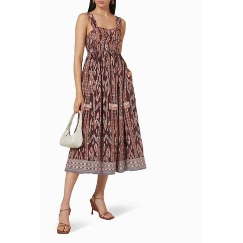 Ulla Johnson Cotton Ikat Midi Dress Burgundy Rust‎ Sleeveless Tiered Pockets 0